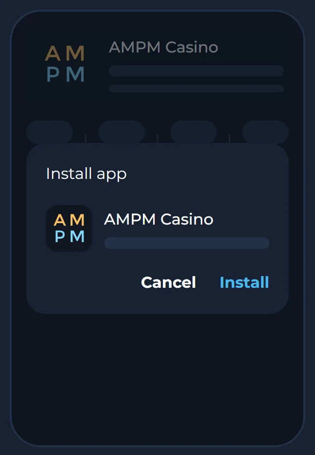 Android Install app dialog for AMPM Casino with Cancel and Install