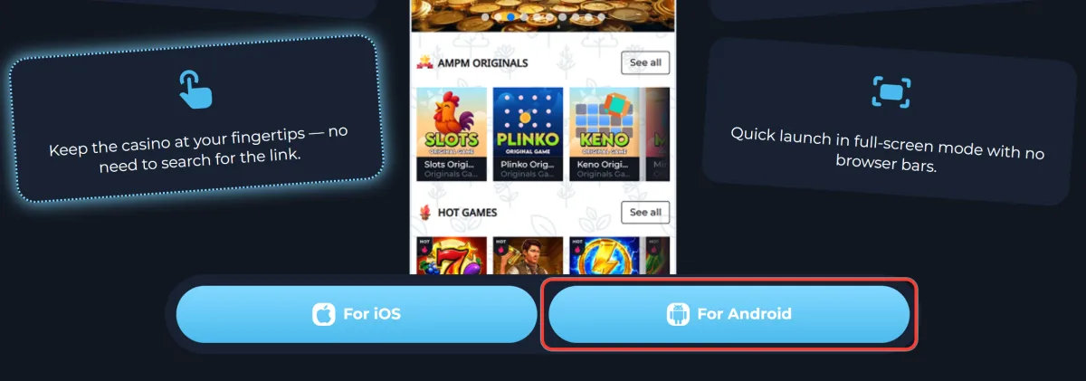 For Android button next to For iOS on the AMPM Casino desktop app page