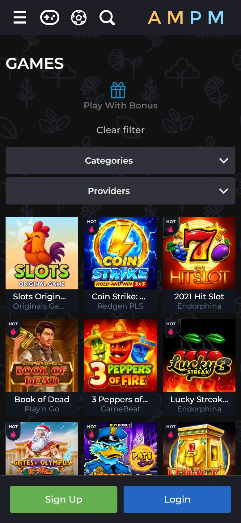 AMPM Casino games lobby opened in a mobile browser with Categories and Providers filters
