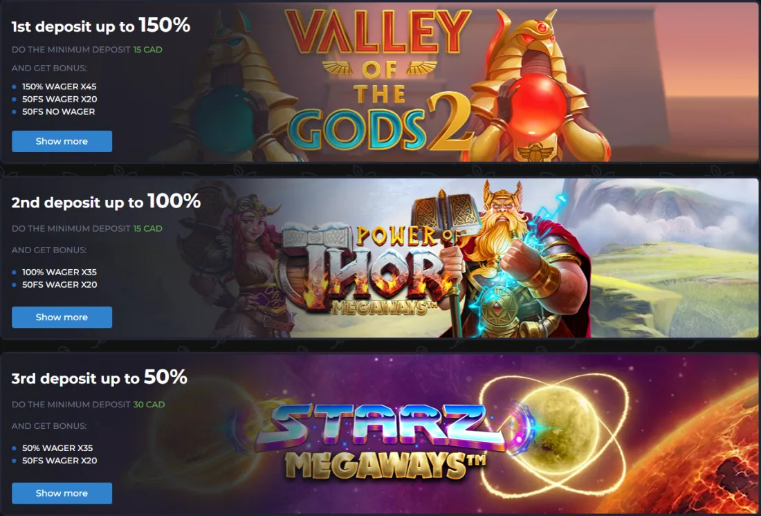 Three AMPM Casino welcome deposit tiles: 150% x45, 100% x35 and 50% x35 with 15, 15 and 30 CAD minimums