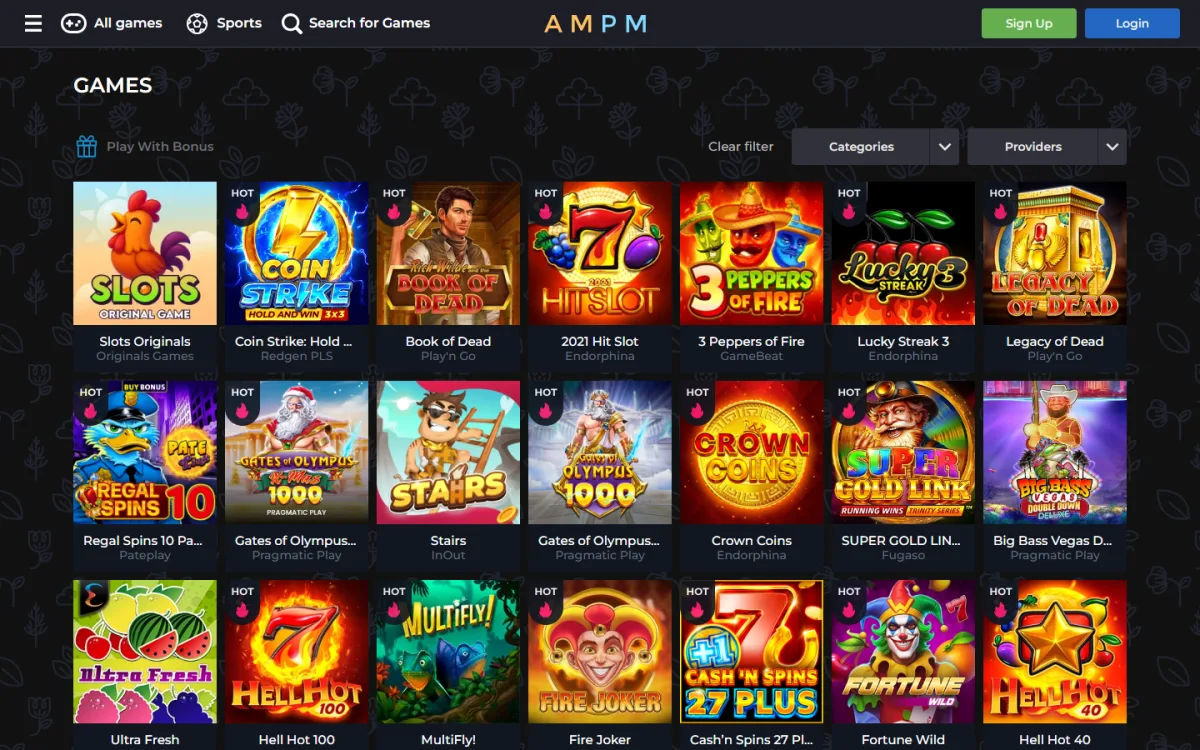 AMPM Casino games lobby with Categories and Providers filters and rows of slot tiles