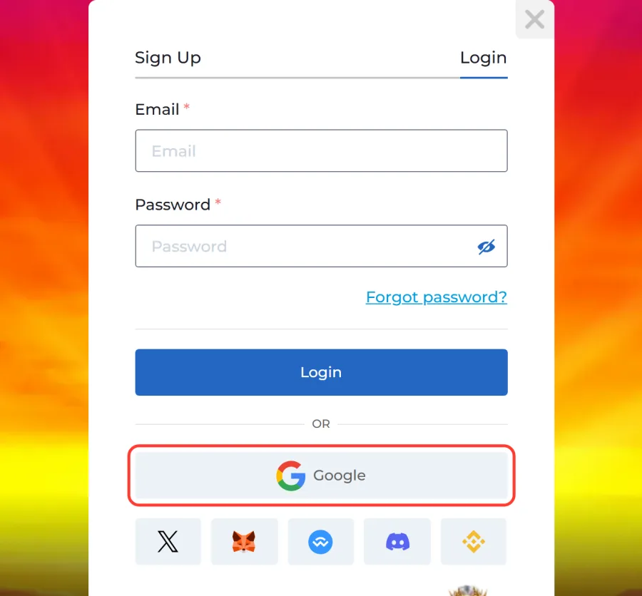 Google button highlighted under the OR divider, with X, MetaMask, WalletConnect, Discord and Binance icons below