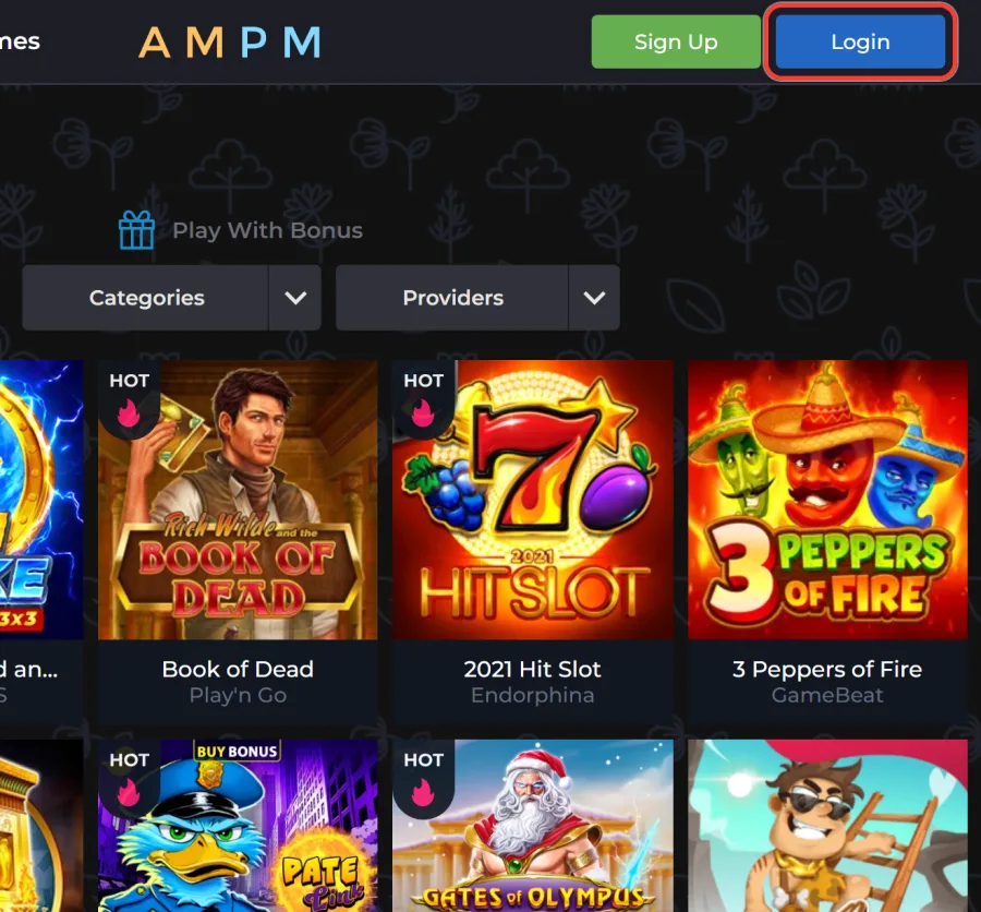 Login button highlighted next to Sign Up in the AMPM Casino site header