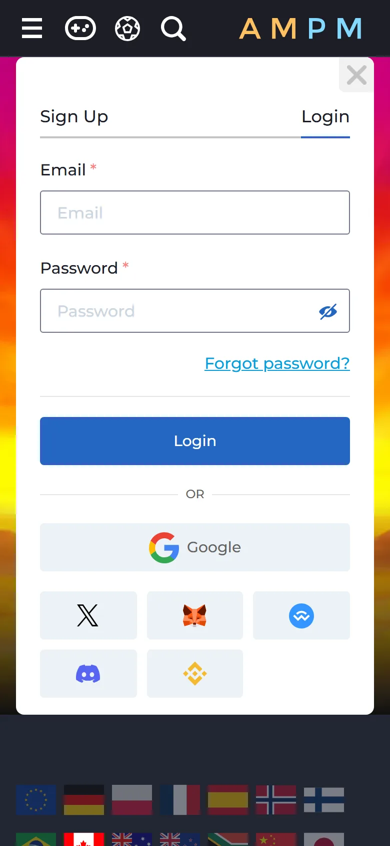 AMPM Casino login form opened on a phone screen