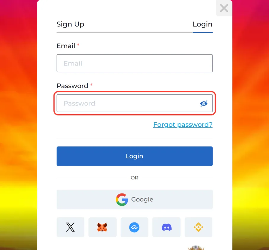 Password field with the eye icon highlighted in the login form