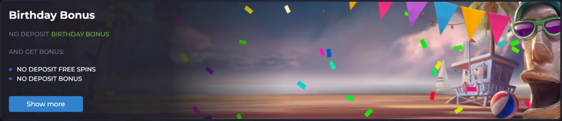 Birthday Bonus promotion tile offering no deposit free spins or a no deposit bonus