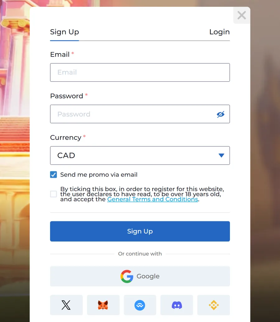 AMPM Casino Sign Up window with Email, Password and CAD currency fields and no bonus code field