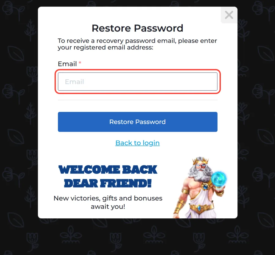 Email field highlighted in the Restore Password window