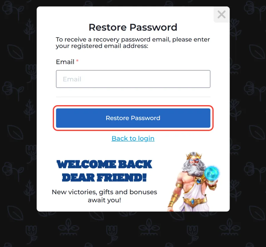 Restore Password button highlighted above the Back to login link
