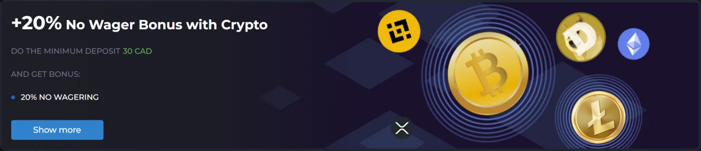 +20% No Wager Bonus with Crypto promotion card with a 30 CAD minimum deposit