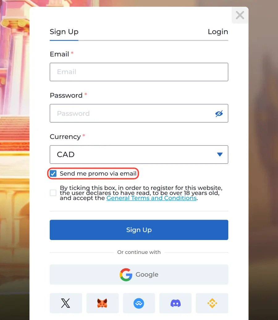 AMPM Casino Sign Up form with Email, Password and CAD currency fields and the Send me promo via email box highlighted, no promo code field