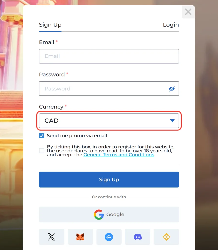 Currency list set to CAD highlighted in the sign-up form