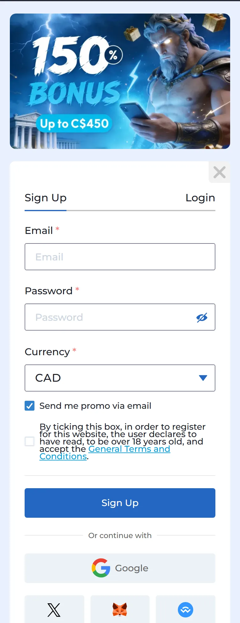 Mobile sign-up form with Email, Password and Currency set to CAD under a 150% up to C$450 banner