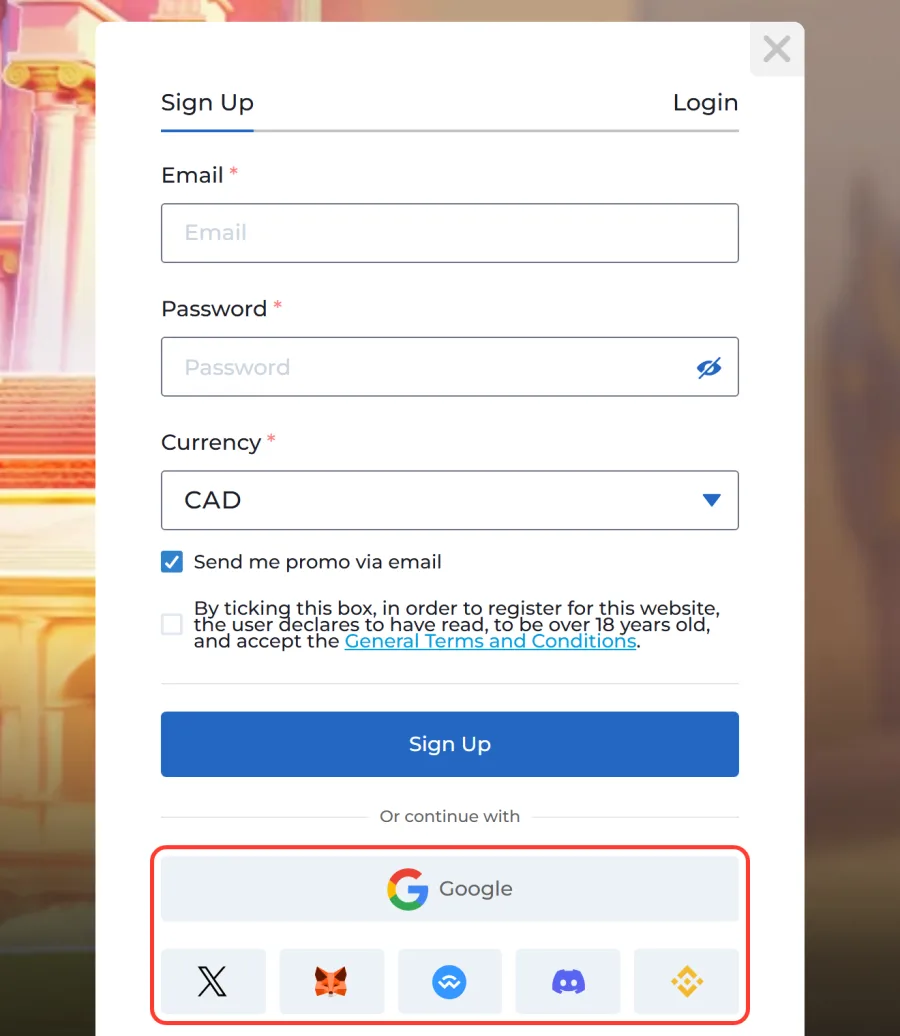 Google, X, MetaMask, WalletConnect, Discord and Binance sign-up options highlighted under Or continue with
