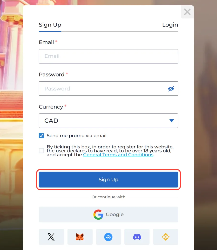 Blue Sign Up button highlighted at the bottom of the registration form